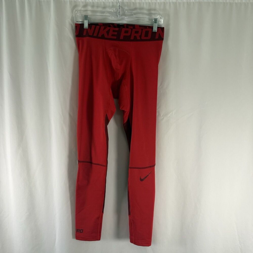 Nike Pro Compression Leggings Men's Medium Red Hyperwarm Pull On Elastic Waist